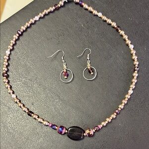 Elegant Purple and Rosegold Beaded Necklace and Earring Set *HANDMADE*
